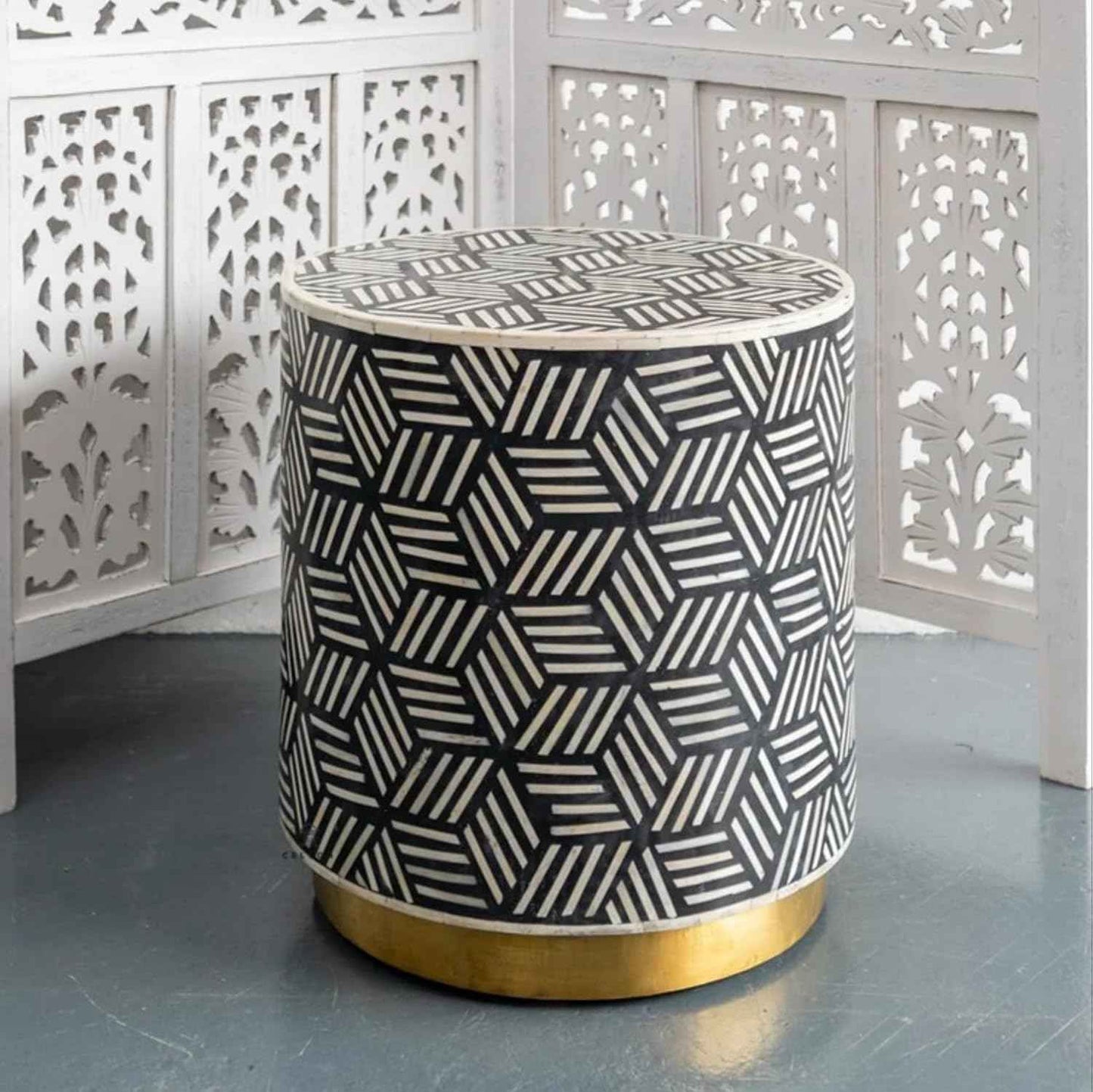 Bone Inlay End Table Handmade Indian Accent Table with Floral Inlay Design Boho Decorative Side Table for Bedroom, Living Room or Entryway