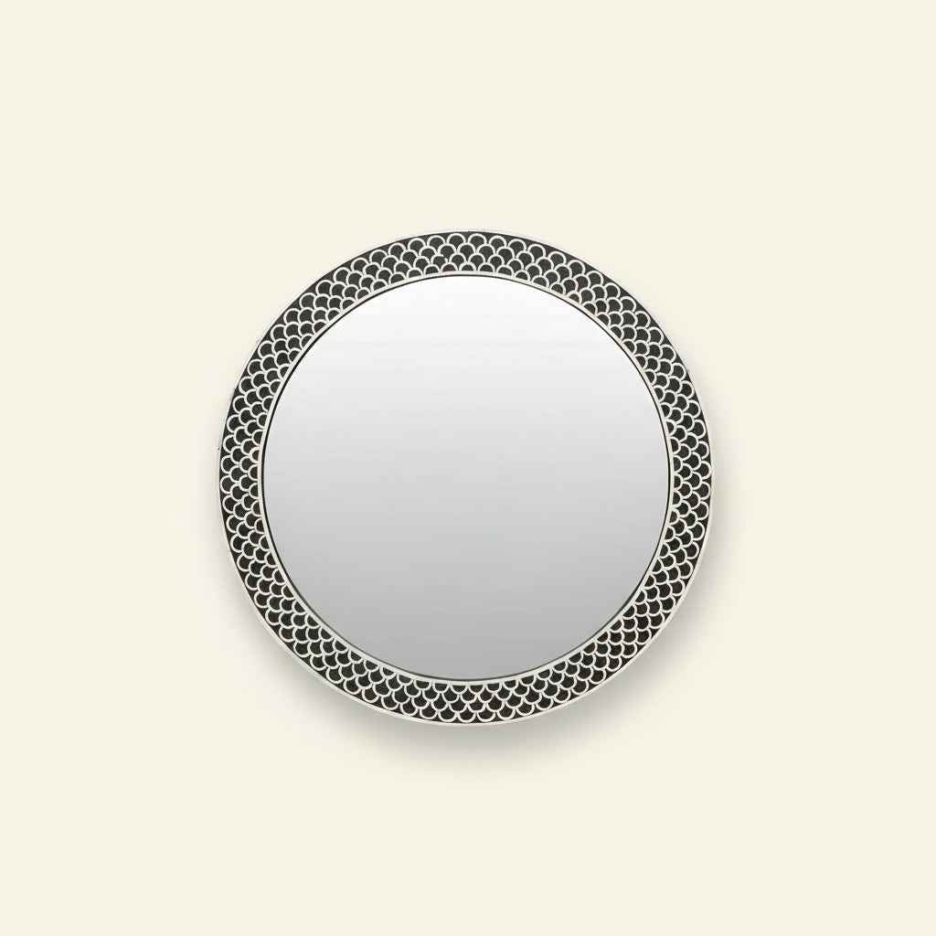 Handcrafted Bone Inlay Mirror Frame Elegant Fishscale Design Wall Mirror Artisan Made Accent for Bedroom, Living Room or Entryway Décor