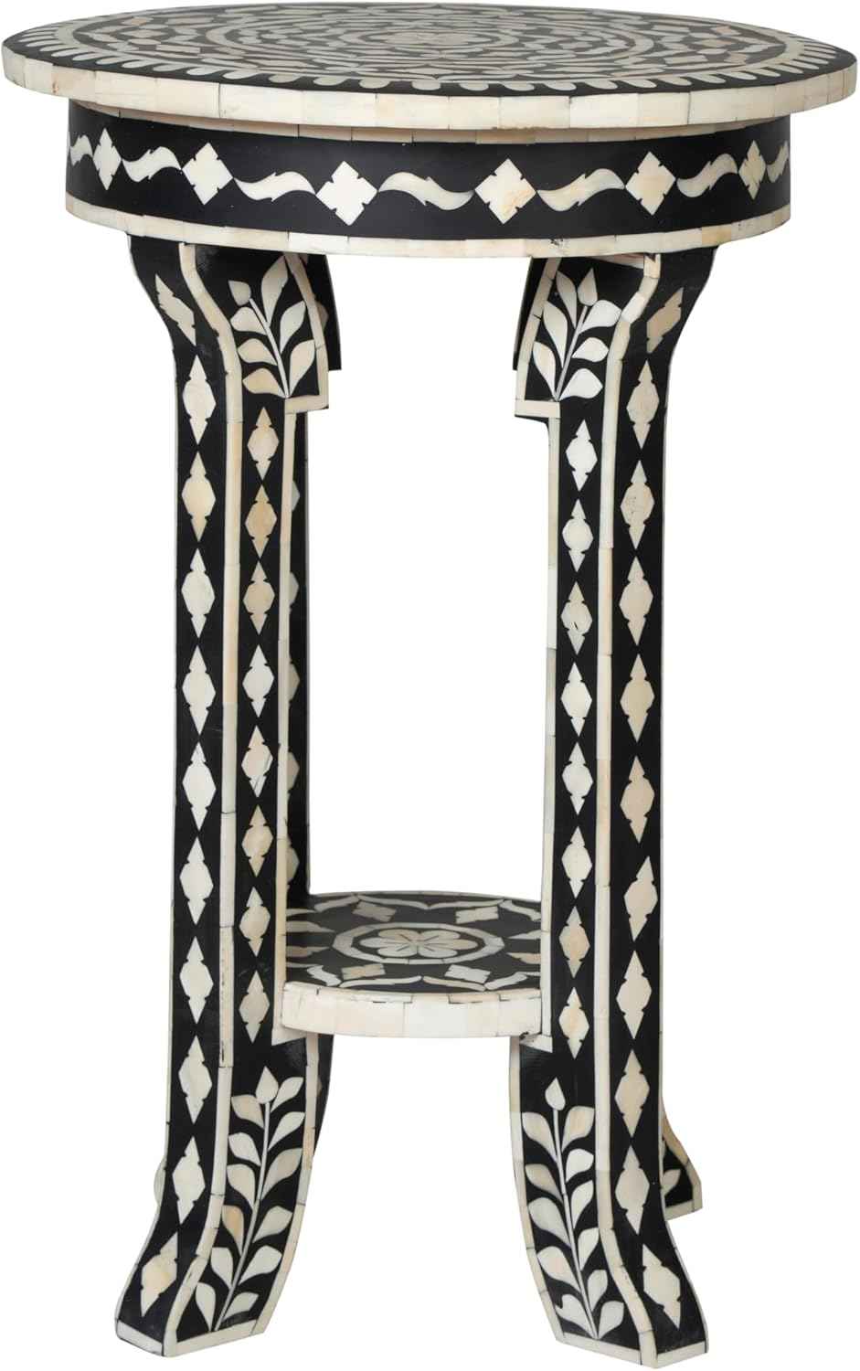 Handcrafted Bone Inlay End Table Unique Decorative Accent Table with Intricate Inlay Floral Patterns for Living Room and Bedroom