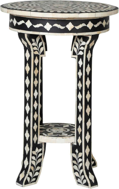 Handcrafted Bone Inlay End Table Unique Decorative Accent Table with Intricate Inlay Floral Patterns for Living Room and Bedroom