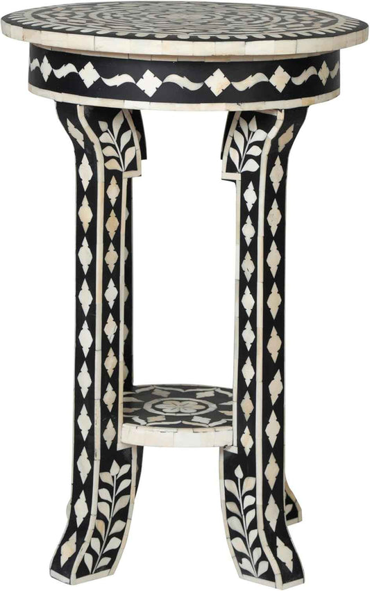 Handcrafted Bone Inlay End Table Unique Decorative Accent Table with Intricate Inlay Floral Patterns for Living Room and Bedroom