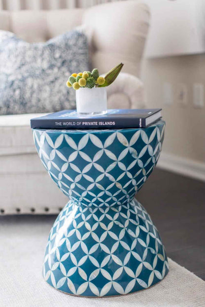 Bone Inlay End Table Handmade Floral Star Pattern Side Table Indian Artisan Accent Furniture for Living Room, Bedroom, or Entryway Boho Chic Home Décor