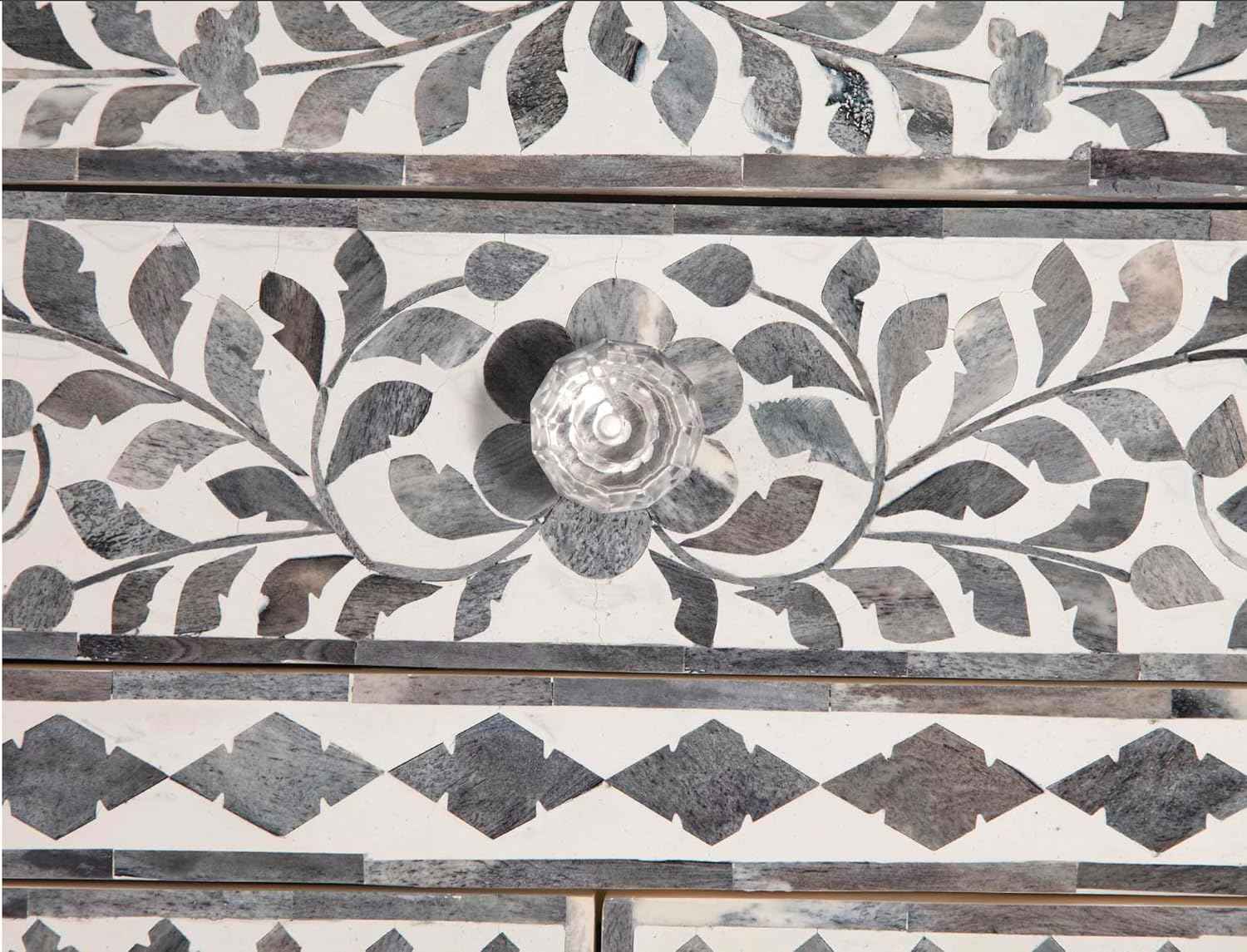 Bone Inlay Bedside Table with 2 Drawers Handcrafted Nightstand with Storage Elegant Inlay Design Accent Furniture for Bedroom, Living Room or Entryway