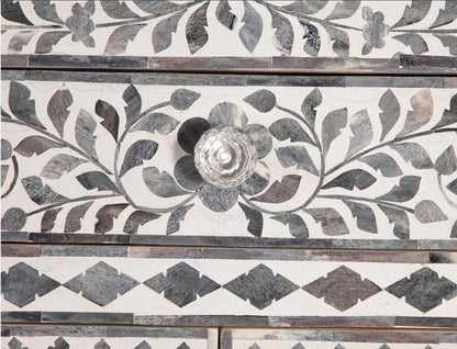 Bone Inlay Bedside Table with 2 Drawers Handcrafted Nightstand with Storage Elegant Inlay Design Accent Furniture for Bedroom, Living Room or Entryway