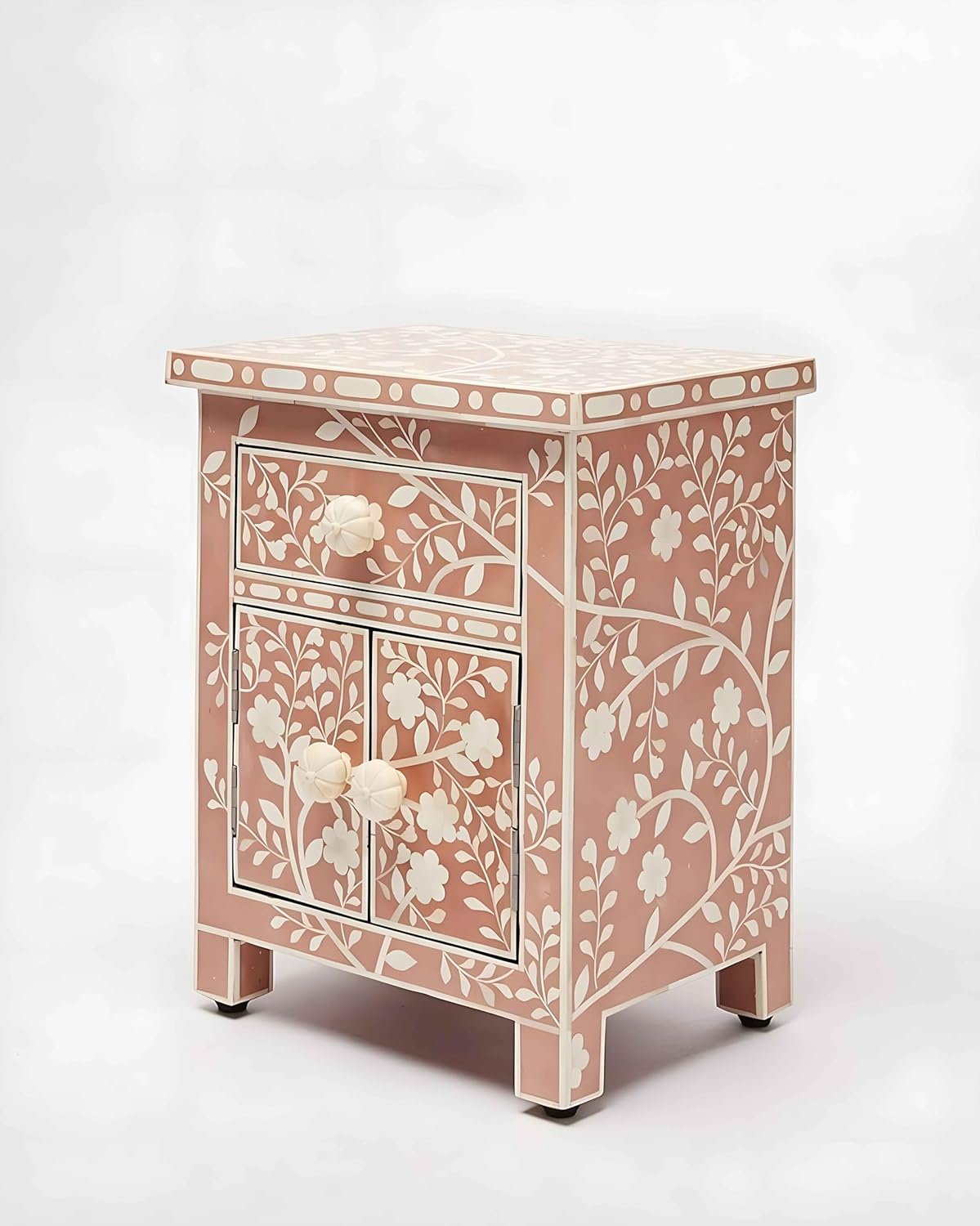 Bone Inlay Bedside Table with Storage Handcrafted Nightstand with Elegant Floral Pattern Design Stylish and Functional Accent Furniture for Bedroom, Living Room, or Entryway Décor