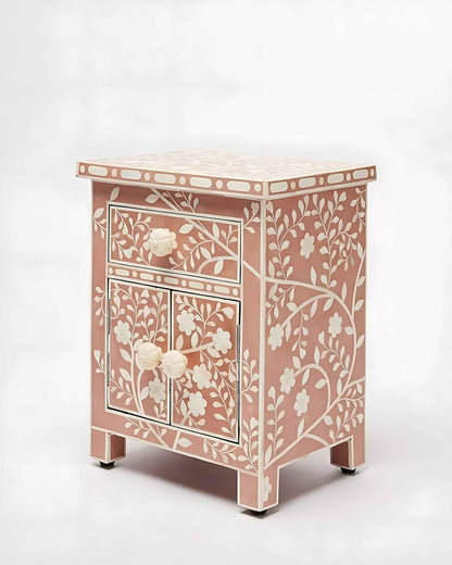 Bone Inlay Bedside Table with Storage Handcrafted Nightstand with Elegant Floral Pattern Design Stylish and Functional Accent Furniture for Bedroom, Living Room, or Entryway Décor