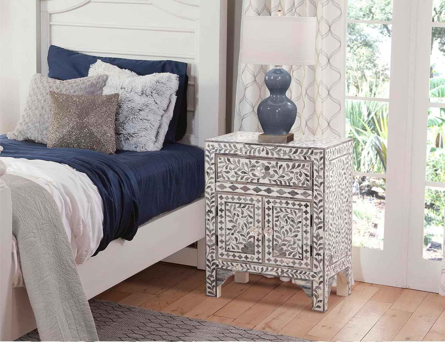 Bone Inlay Bedside Table with 2 Drawers Handcrafted Nightstand with Storage Elegant Inlay Design Accent Furniture for Bedroom, Living Room or Entryway
