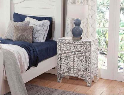 Bone Inlay Bedside Table with 2 Drawers Handcrafted Nightstand with Storage Elegant Inlay Design Accent Furniture for Bedroom, Living Room or Entryway