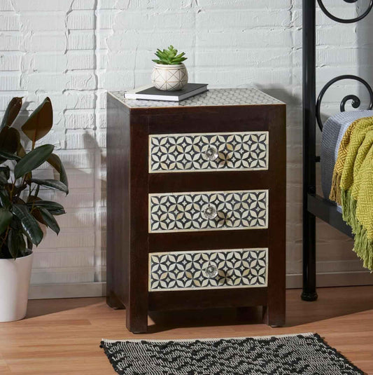 Bone Inlay Bedside Table Handcrafted Nightstand with 3 Storage Drawer and Star Floral Inlay Pattern Design Elegant Accent Furniture for Bedroom, Living Room or Guest Room Décor