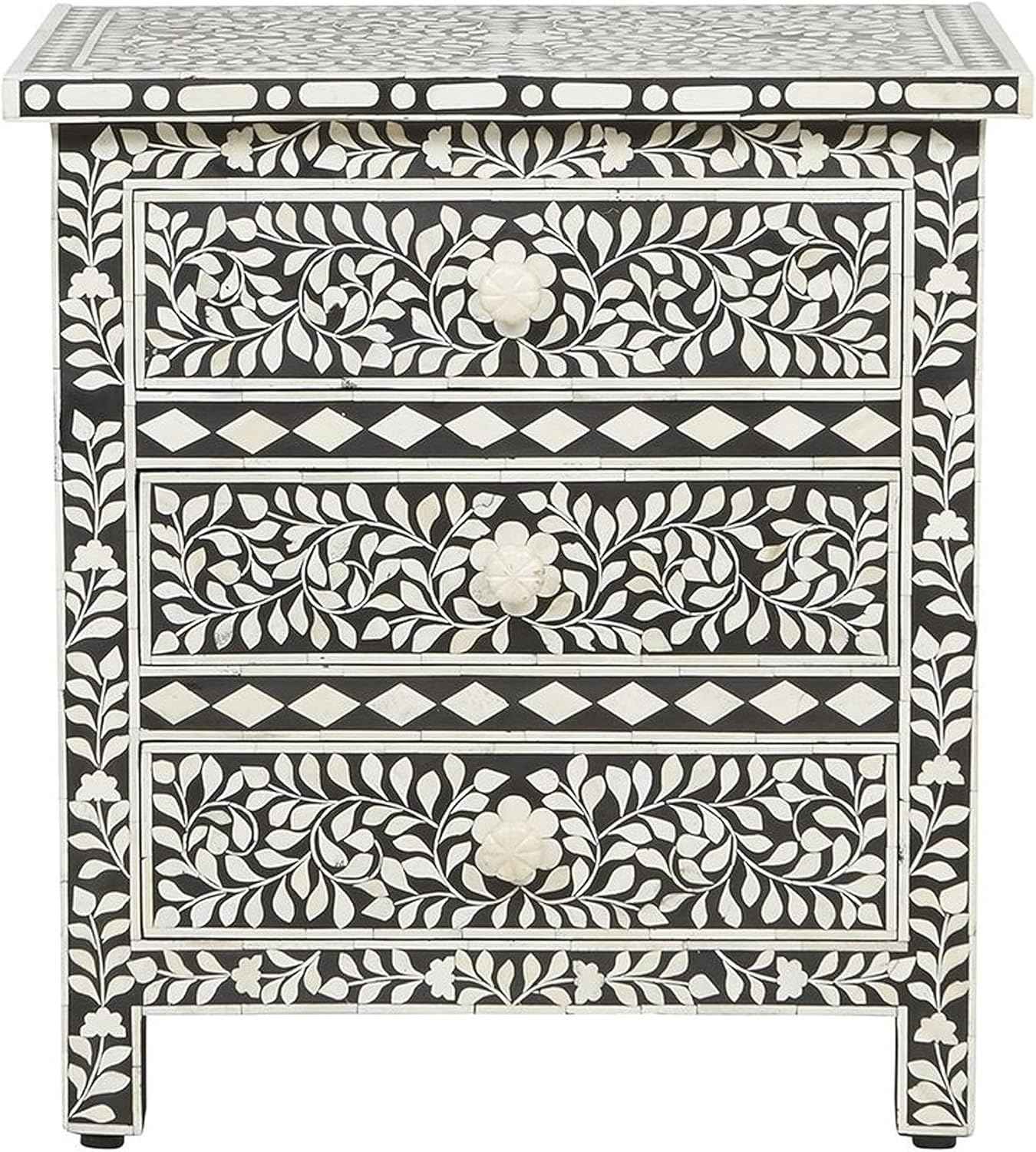 Bone Inlay Bedside Table with 3 Drawers Handcrafted Nightstand with Ample Storage Elegant Floral Design Accent Furniture for Bedroom, Living Room or Guest Room Décor