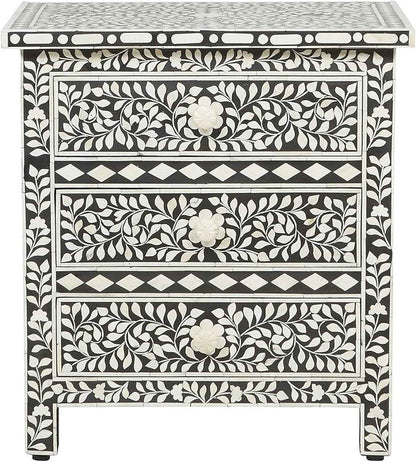 Bone Inlay Bedside Table with 3 Drawers Handcrafted Nightstand with Ample Storage Elegant Floral Design Accent Furniture for Bedroom, Living Room or Guest Room Décor