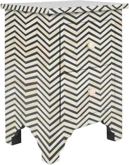 Bone Inlay Bedside Table with 2 Drawers Handcrafted Chevron Pattern Nightstand Stylish Black and White Accent Furniture for Bedroom, Living Room or Entryway Storage