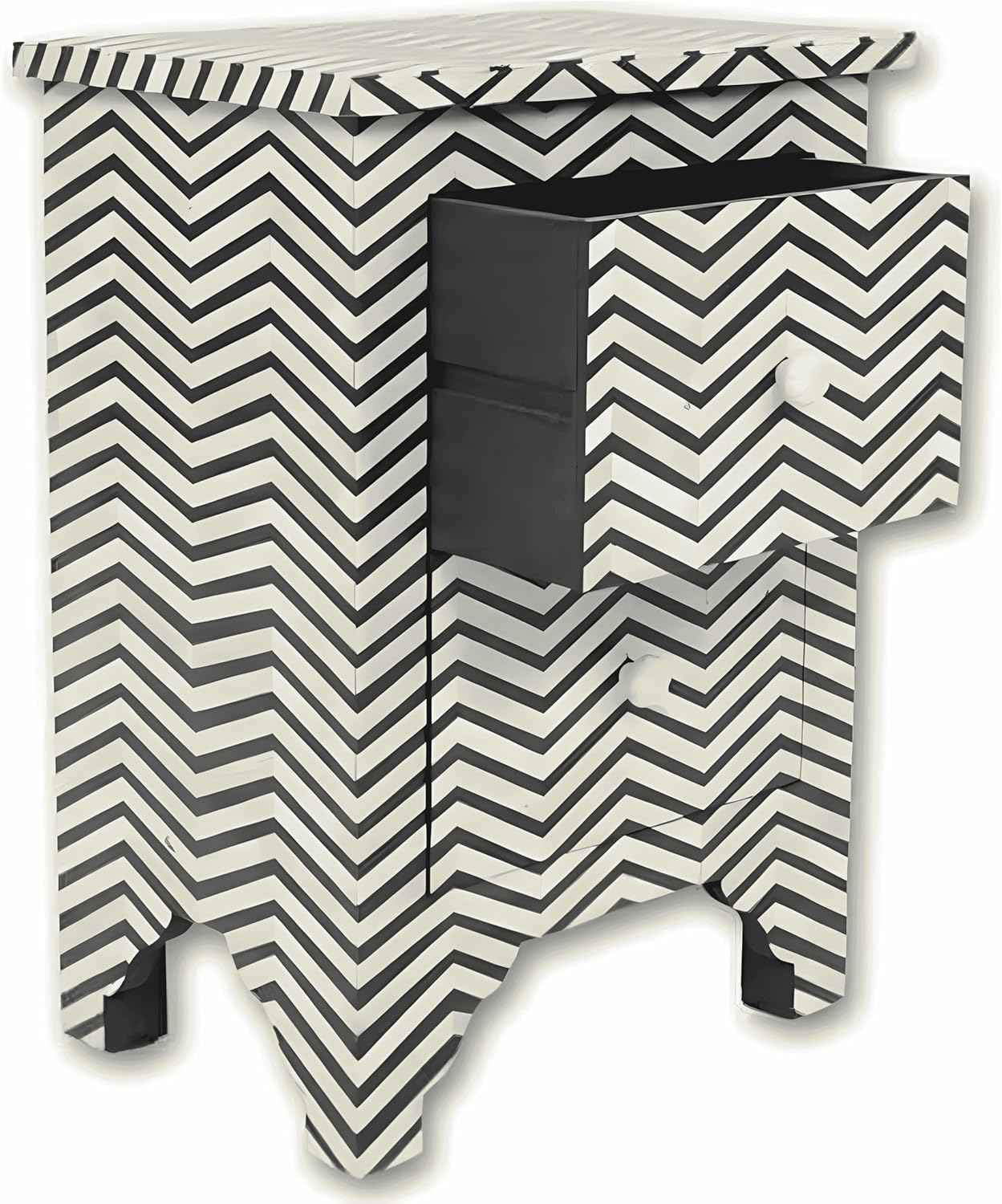 Bone Inlay Bedside Table with 2 Drawers Handcrafted Chevron Pattern Nightstand Stylish Black and White Accent Furniture for Bedroom, Living Room or Entryway Storage