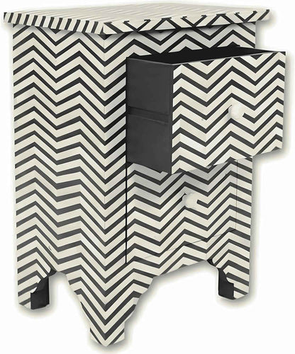 Bone Inlay Bedside Table with 2 Drawers Handcrafted Chevron Pattern Nightstand Stylish Black and White Accent Furniture for Bedroom, Living Room or Entryway Storage