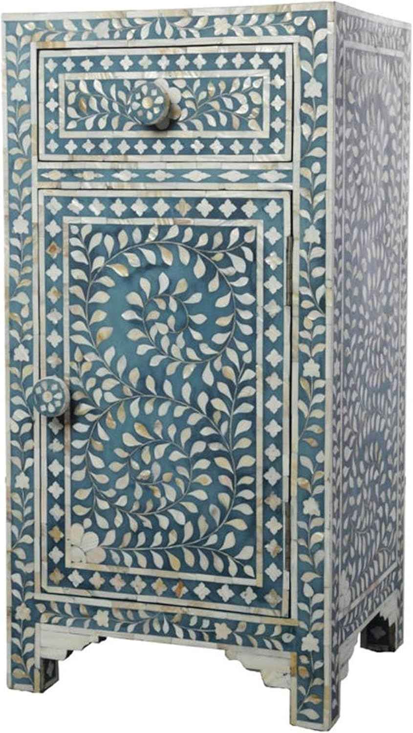 Bone Inlay Bedside Table with 1 Drawer and Shelf Handcrafted Nightstand with Storage Elegant and Functional Accent Furniture for Bedroom, Living Room or Guest Room Décor