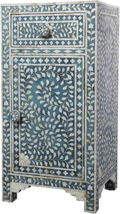 Bone Inlay Bedside Table with 1 Drawer and Shelf Handcrafted Nightstand with Storage Elegant and Functional Accent Furniture for Bedroom, Living Room or Guest Room Décor