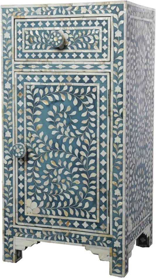 Bone Inlay Bedside Table with 1 Drawer and Shelf Handcrafted Nightstand with Storage Elegant and Functional Accent Furniture for Bedroom, Living Room or Guest Room Décor