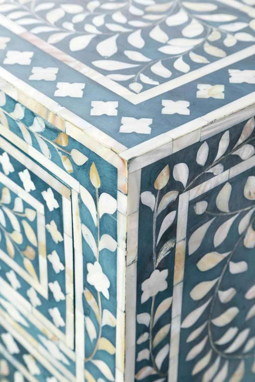 Bone Inlay Bedside Table with 1 Drawer and Shelf Handcrafted Nightstand with Storage Elegant and Functional Accent Furniture for Bedroom, Living Room or Guest Room Décor