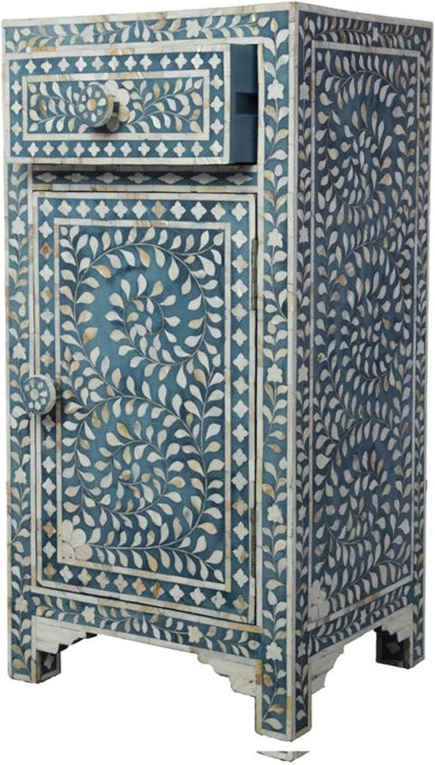 Bone Inlay Bedside Table with 1 Drawer and Shelf Handcrafted Nightstand with Storage Elegant and Functional Accent Furniture for Bedroom, Living Room or Guest Room Décor