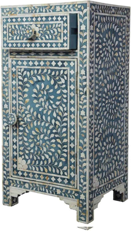 Bone Inlay Bedside Table with 1 Drawer and Shelf Handcrafted Nightstand with Storage Elegant and Functional Accent Furniture for Bedroom, Living Room or Guest Room Décor