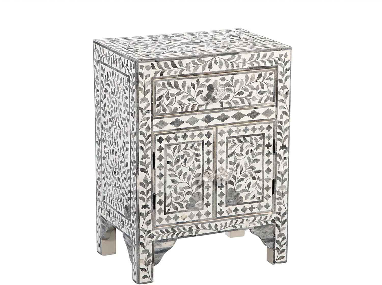 Bone Inlay Bedside Table with 2 Drawers Handcrafted Nightstand with Storage Elegant Inlay Design Accent Furniture for Bedroom, Living Room or Entryway
