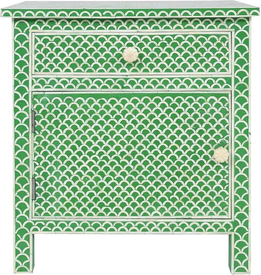 Bone Inlay Bedside Table with 1 Drawer and Shelf Handcrafted Nightstand with Storage Stylish and Functional Accent Furniture for Bedroom or Living Room