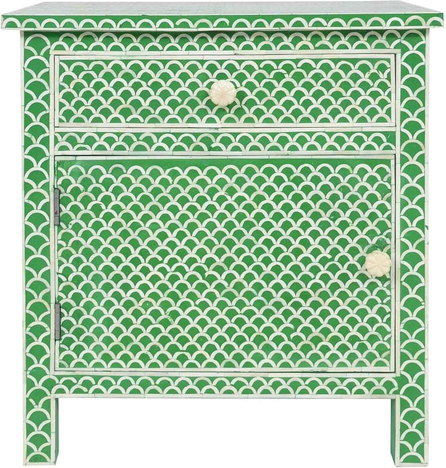 Bone Inlay Bedside Table with 1 Drawer and Shelf Handcrafted Nightstand with Storage Stylish and Functional Accent Furniture for Bedroom or Living Room