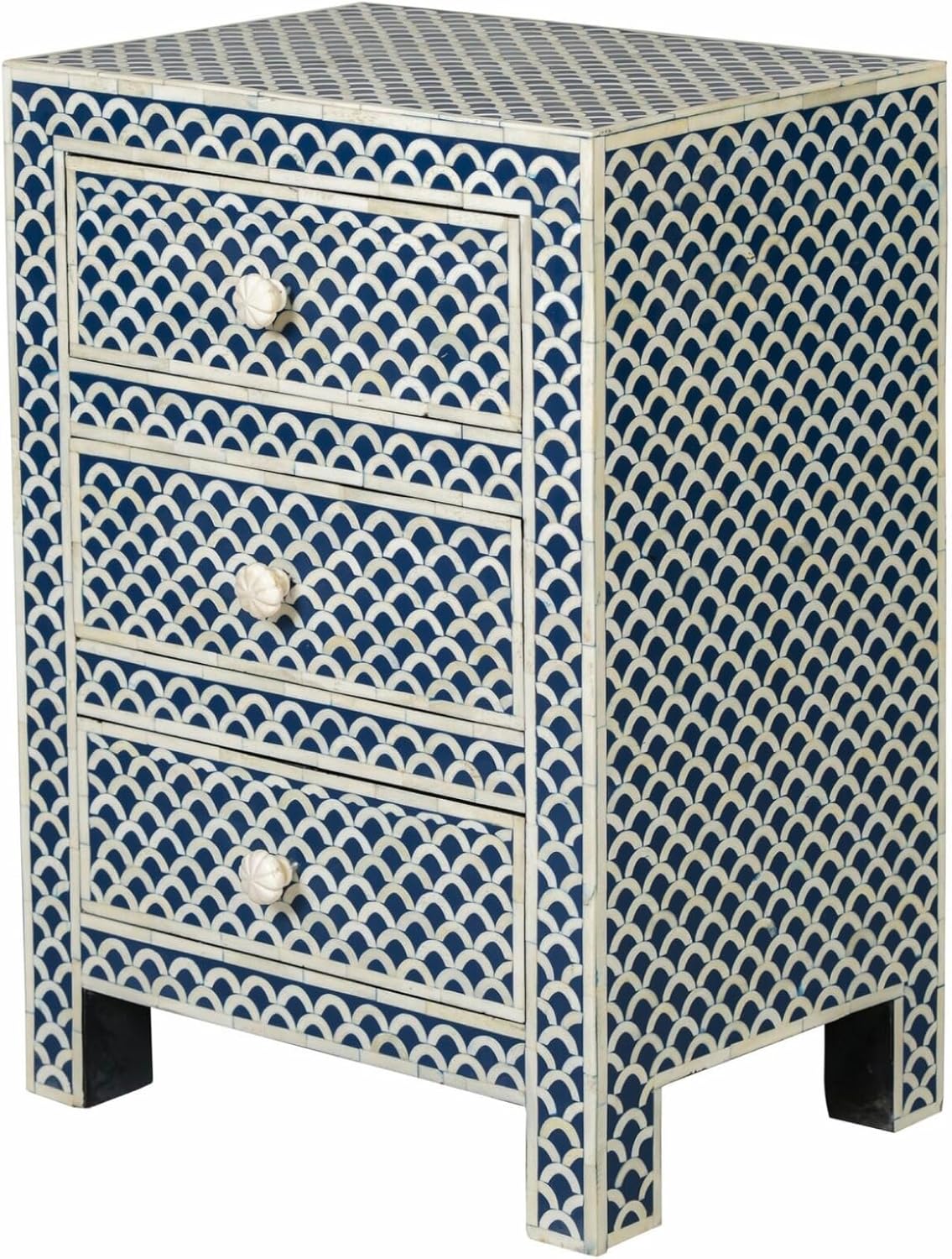 Bone Inlay Bedside Table with 3 Drawers Handcrafted Nightstand with Intricate Design Scallop Pattern Elegant and Functional Accent Furniture for Bedroom, Living Room or Guest Room Storage