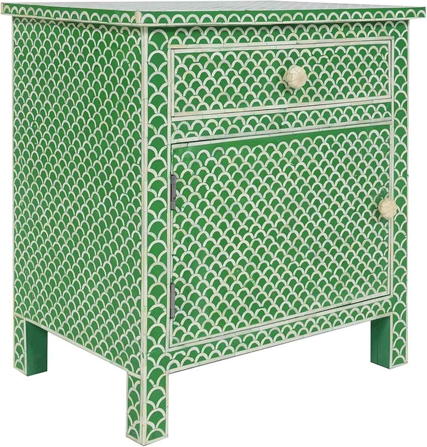 Bone Inlay Bedside Table with 1 Drawer and Shelf Handcrafted Nightstand with Storage Stylish and Functional Accent Furniture for Bedroom or Living Room