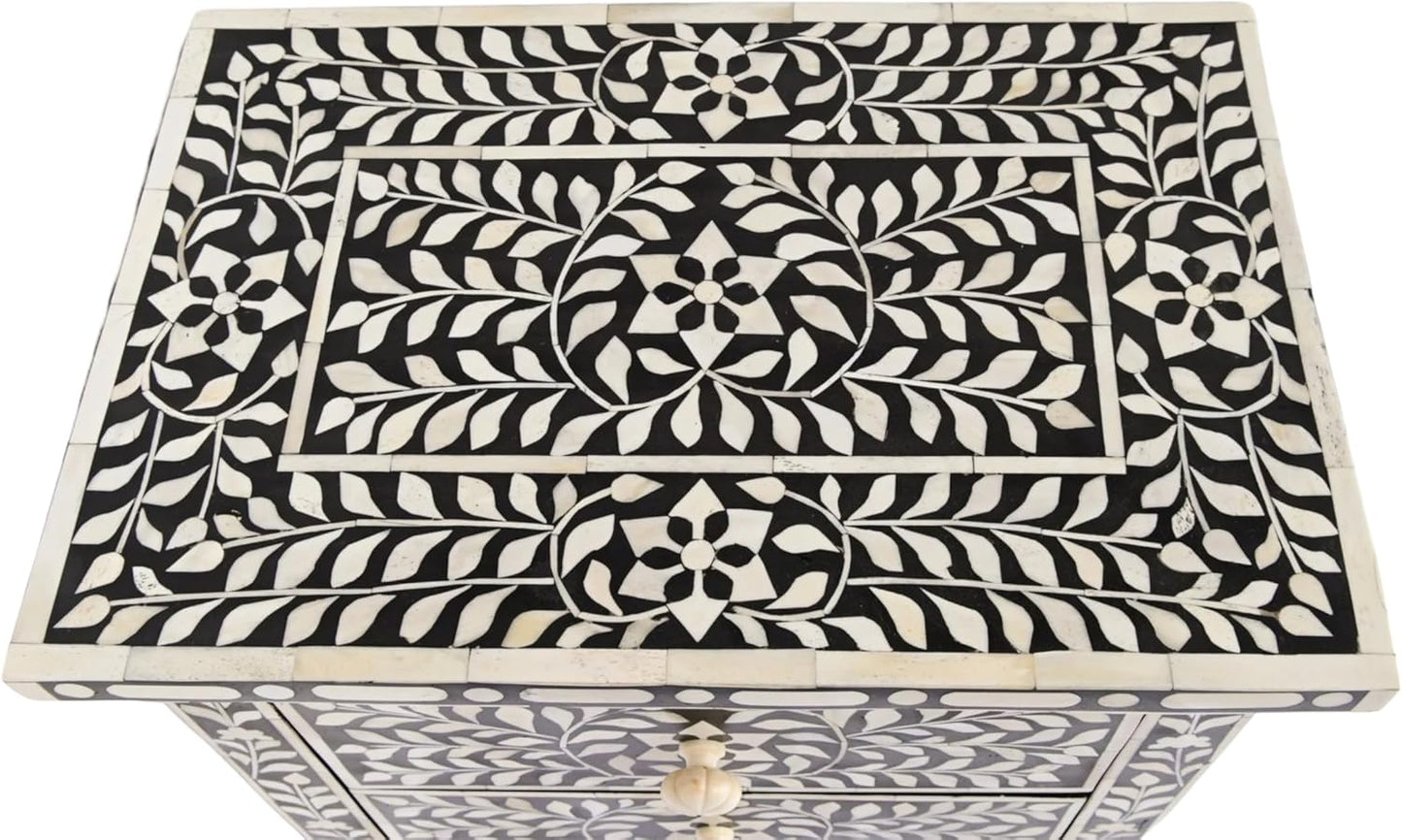 Bone Inlay Bedside Table with 2 Drawers Handcrafted Nightstand with Detailed Floral Design Stylish and Functional Accent Furniture for Bedroom or Living Room Storage and Décor