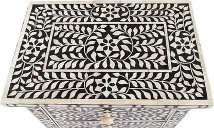 Bone Inlay Bedside Table with 2 Drawers Handcrafted Nightstand with Detailed Floral Design Stylish and Functional Accent Furniture for Bedroom or Living Room Storage and Décor