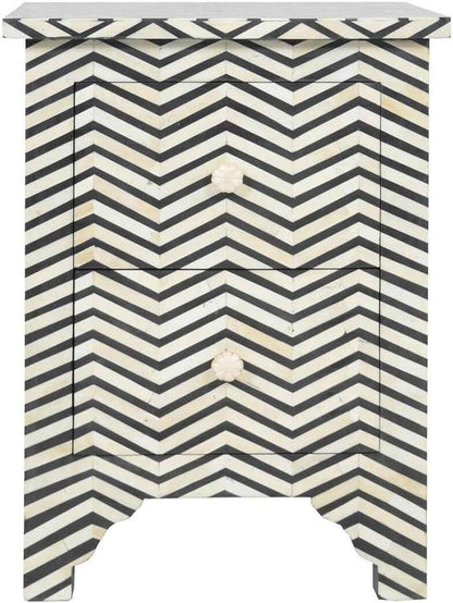Bone Inlay Bedside Table with 2 Drawers Handcrafted Chevron Pattern Nightstand Stylish Black and White Accent Furniture for Bedroom, Living Room or Entryway Storage