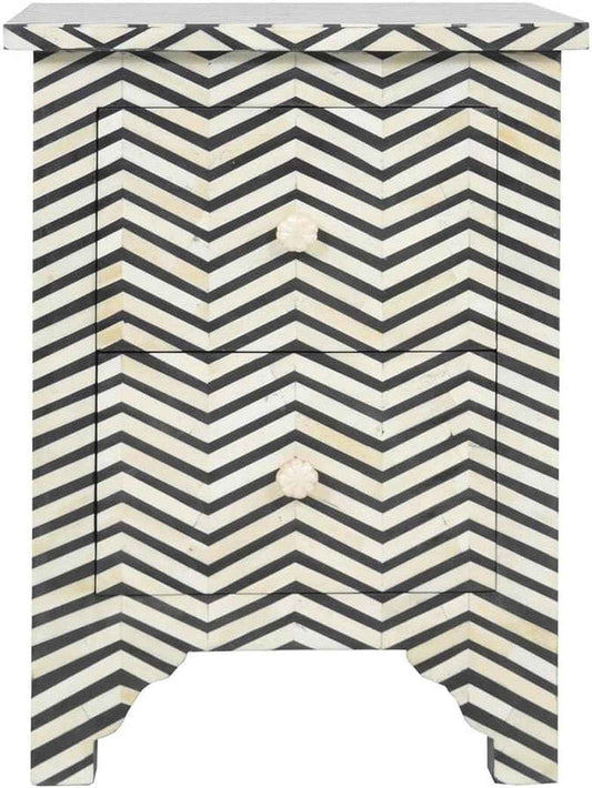 Bone Inlay Bedside Table with 2 Drawers Handcrafted Chevron Pattern Nightstand Stylish Black and White Accent Furniture for Bedroom, Living Room or Entryway Storage