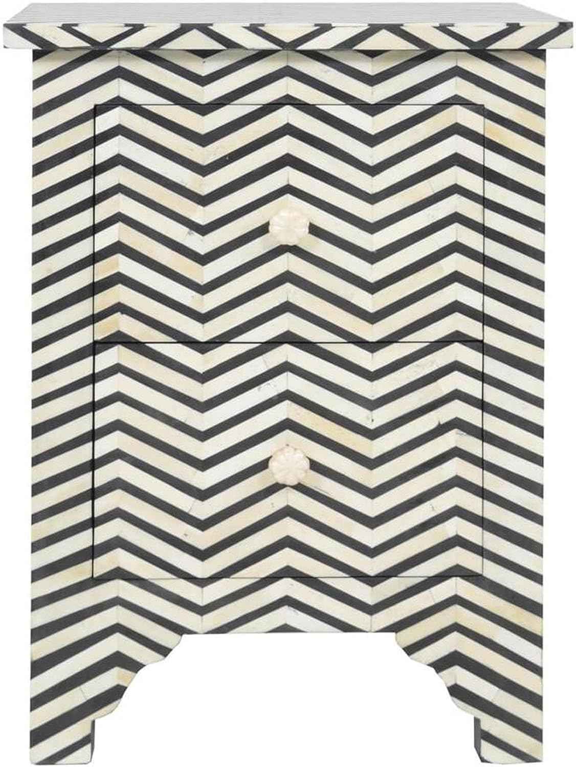 Bone Inlay Bedside Table with 2 Drawers Handcrafted Chevron Pattern Nightstand Stylish Black and White Accent Furniture for Bedroom, Living Room or Entryway Storage