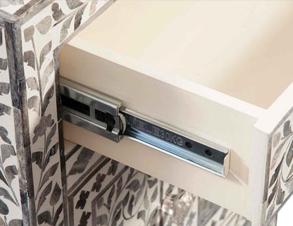 Bone Inlay Bedside Table with 2 Drawers Handcrafted Nightstand with Storage Elegant Inlay Design Accent Furniture for Bedroom, Living Room or Entryway