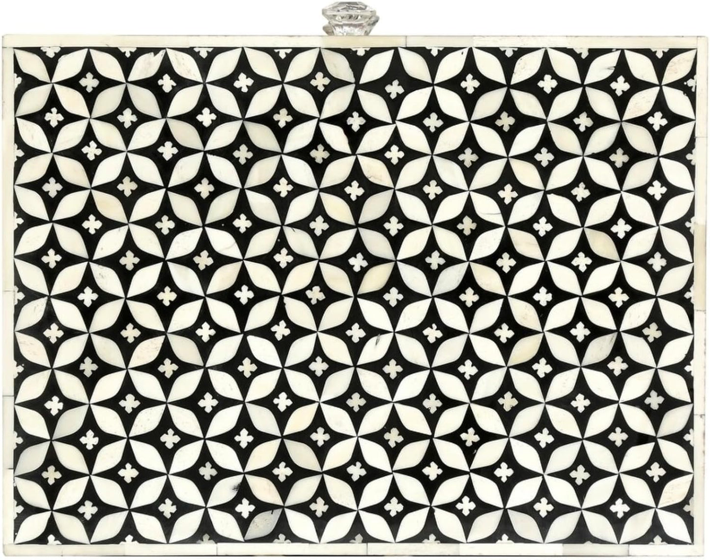 Bone Inlay Bedside Table Handcrafted Nightstand with 3 Storage Drawer and Star Floral Inlay Pattern Design Elegant Accent Furniture for Bedroom, Living Room or Guest Room Décor