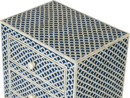 Bone Inlay Bedside Table with 3 Drawers Handcrafted Nightstand with Intricate Design Scallop Pattern Elegant and Functional Accent Furniture for Bedroom, Living Room or Guest Room Storage