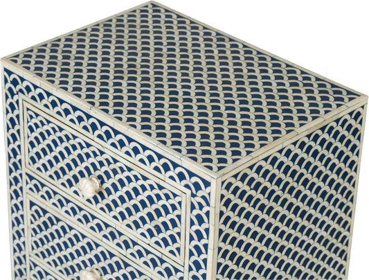 Bone Inlay Bedside Table with 3 Drawers Handcrafted Nightstand with Intricate Design Scallop Pattern Elegant and Functional Accent Furniture for Bedroom, Living Room or Guest Room Storage