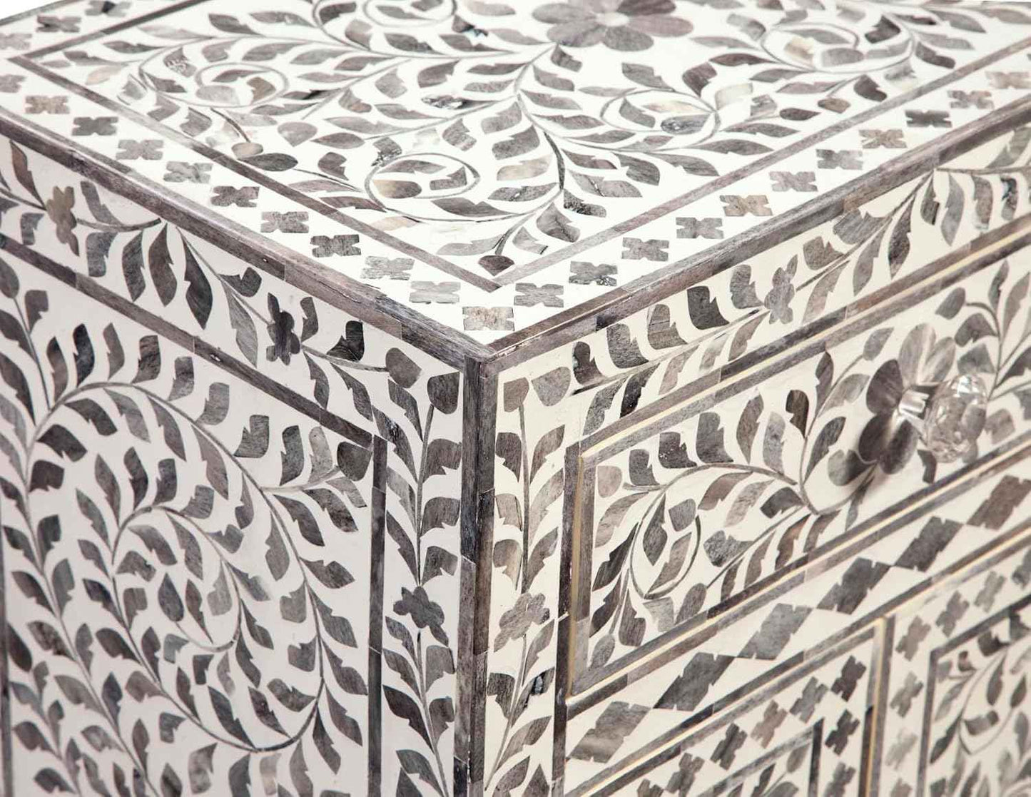 Bone Inlay Bedside Table with 2 Drawers Handcrafted Nightstand with Storage Elegant Inlay Design Accent Furniture for Bedroom, Living Room or Entryway