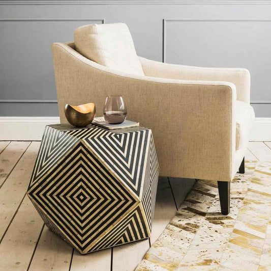 Bone Inlay End Table Handmade Decorative Side Table with Inlay Design Indian Accent Furniture for Bedroom, Living Room or Entryway Décor