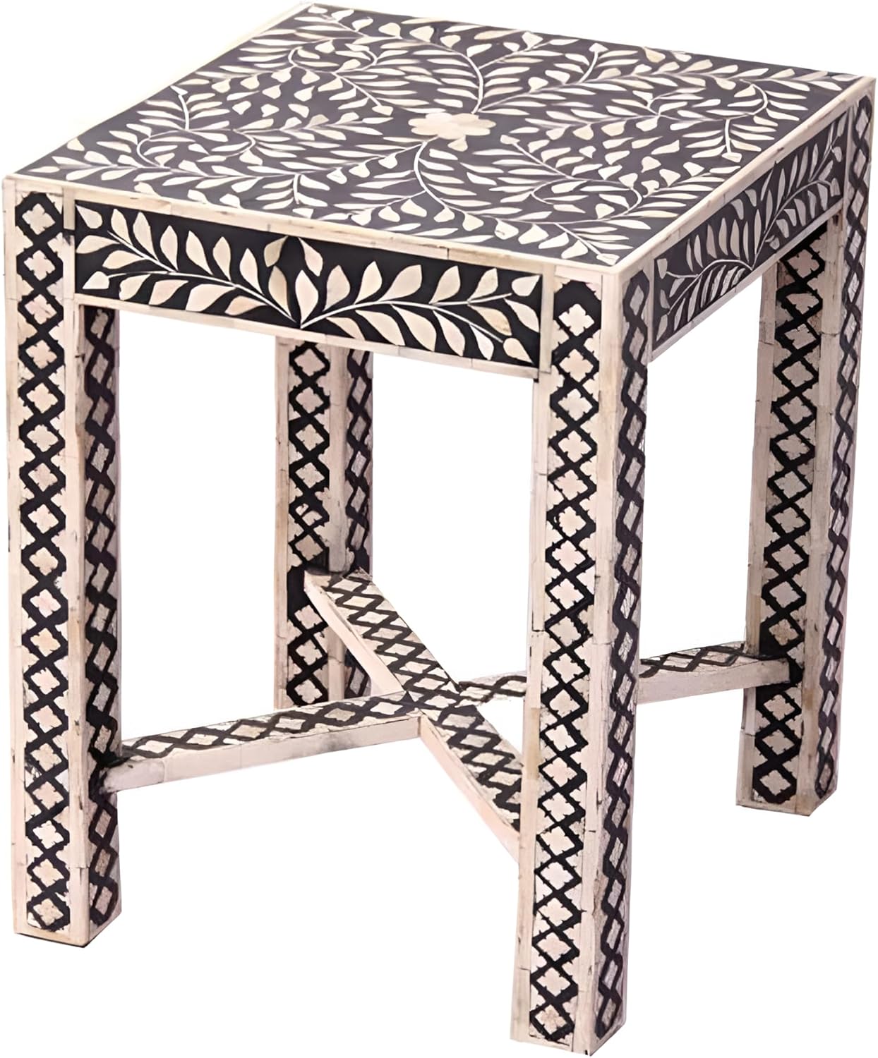 Bone Inlay End Table Handcrafted Accent Table with Intricate Inlay Design Indian Artisan Side Table for Living Room, Bedroom or Entryway Boho and Elegant Home Décor - Hansa Handicraft