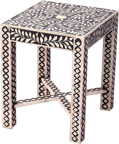 Bone Inlay End Table Handcrafted Accent Table with Intricate Inlay Design Indian Artisan Side Table for Living Room, Bedroom or Entryway Boho and Elegant Home Décor - Hansa Handicraft