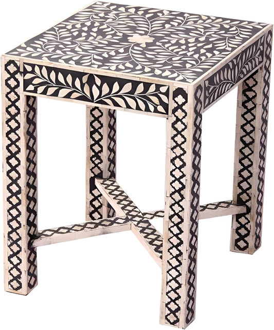 Bone Inlay End Table Handcrafted Accent Table with Intricate Inlay Design Indian Artisan Side Table for Living Room, Bedroom or Entryway Boho and Elegant Home Décor - Hansa Handicraft
