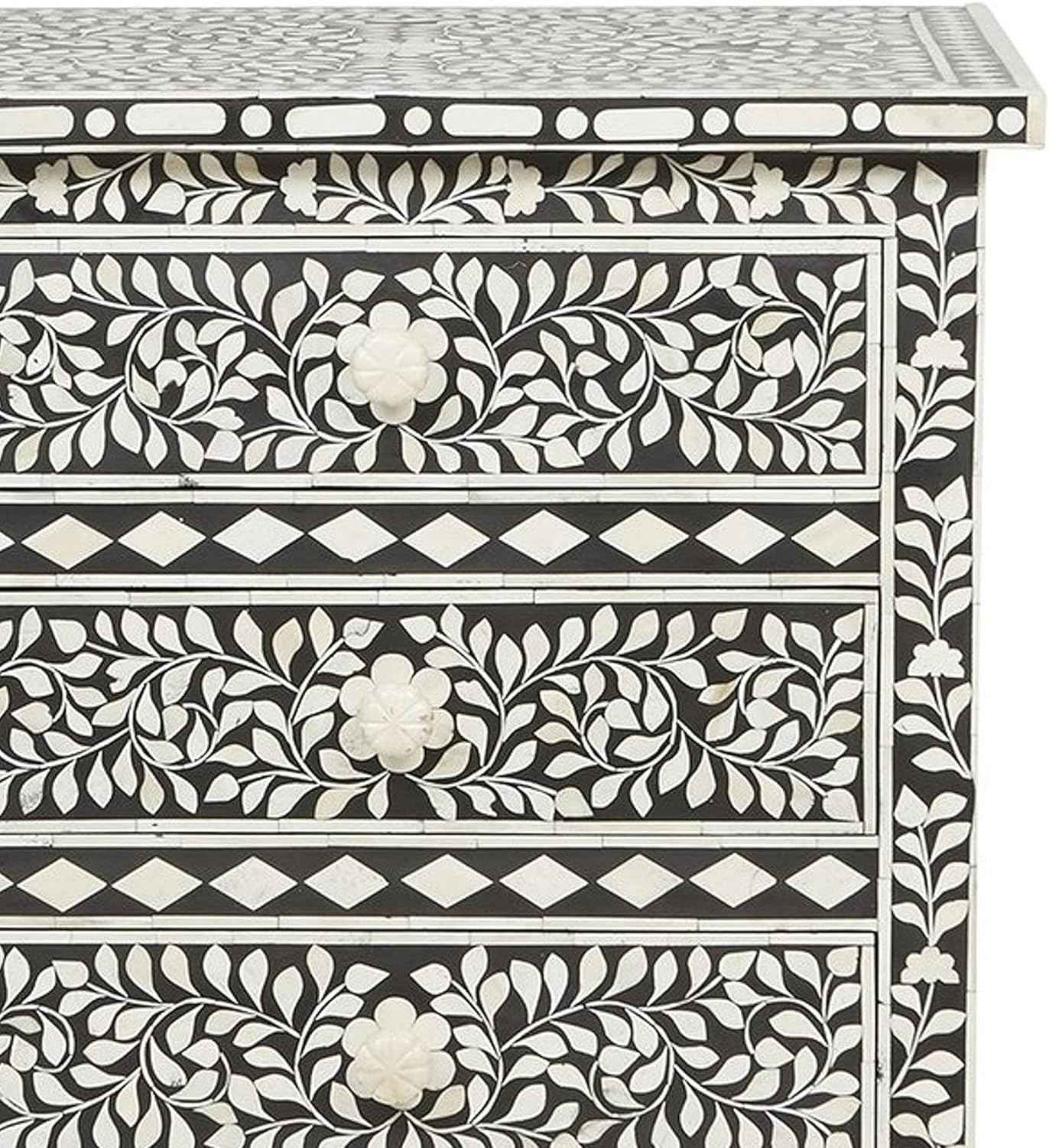 Bone Inlay Bedside Table with 3 Drawers Handcrafted Nightstand with Ample Storage Elegant Floral Design Accent Furniture for Bedroom, Living Room or Guest Room Décor