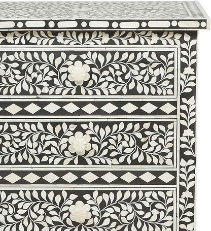 Bone Inlay Bedside Table with 3 Drawers Handcrafted Nightstand with Ample Storage Elegant Floral Design Accent Furniture for Bedroom, Living Room or Guest Room Décor