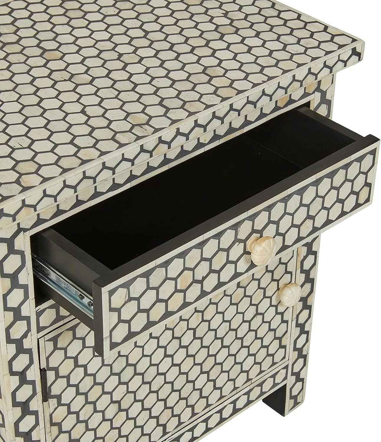 Bone Inlay Bedside Table with 2 Drawers Handcrafted Honeycomb Pattern Nightstand with Storage Modern Accent Furniture for Bedroom, Living Room or Entryway Décor