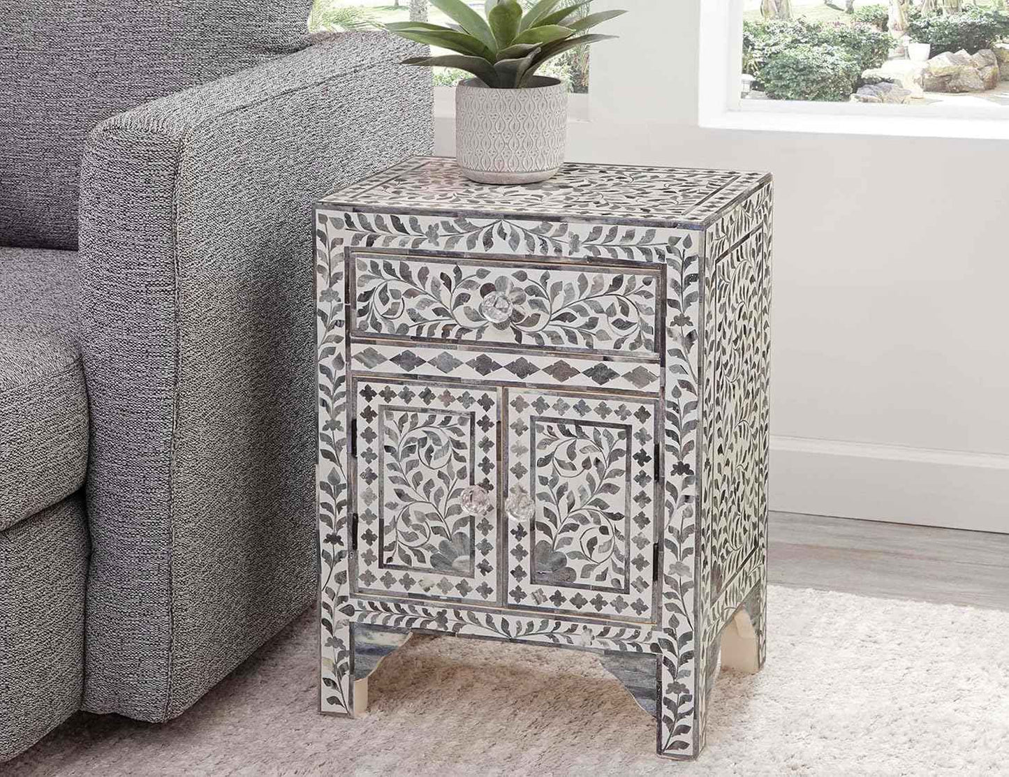 Bone Inlay Bedside Table with 2 Drawers Handcrafted Nightstand with Storage Elegant Inlay Design Accent Furniture for Bedroom, Living Room or Entryway