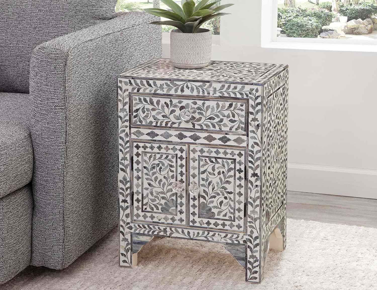 Bone Inlay Bedside Table with 2 Drawers Handcrafted Nightstand with Storage Elegant Inlay Design Accent Furniture for Bedroom, Living Room or Entryway