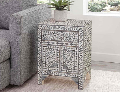 Bone Inlay Bedside Table with 2 Drawers Handcrafted Nightstand with Storage Elegant Inlay Design Accent Furniture for Bedroom, Living Room or Entryway