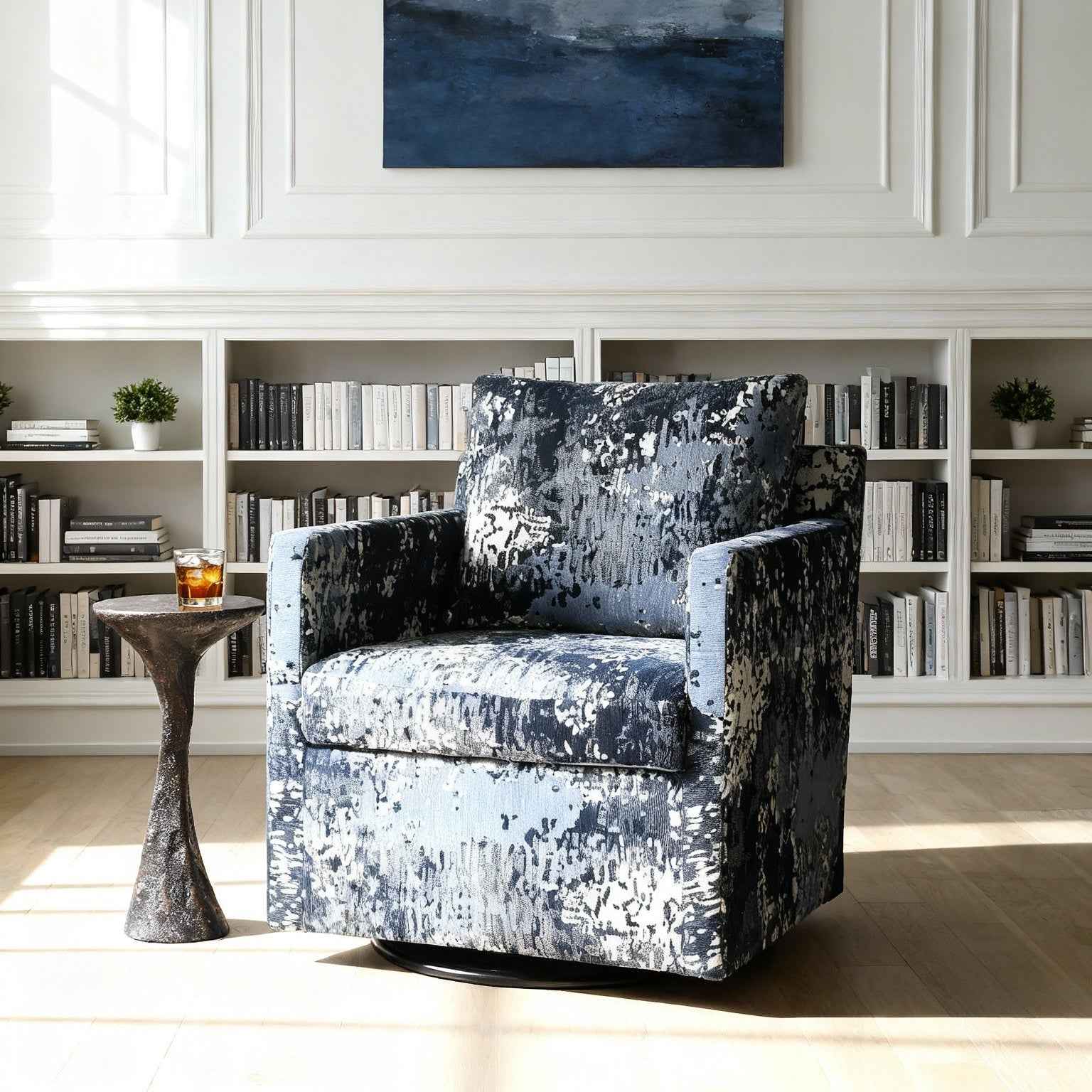 ABSTRACT INDIGO TEXTURED VELVET SWIVEL CHAIR